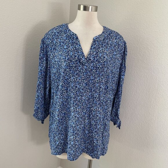 Cynthia Rowley Womens Plus 2X Blue Floral Rayon Blouse Top 3/4 Sleeve Shirt - Picture 1 of 10
